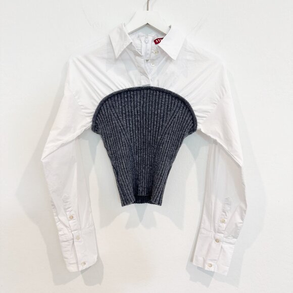 Staud Wool Blend O'Keefe Collared Poplin Ribbed Knit Sweater Blouse Top Small - Picture 3 of 12